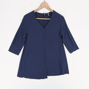 OSKA Sangu Tunic Shirt Women 0 Blue Asymmetrical Hem V Neck 3/4 Sleeve Lagenlook